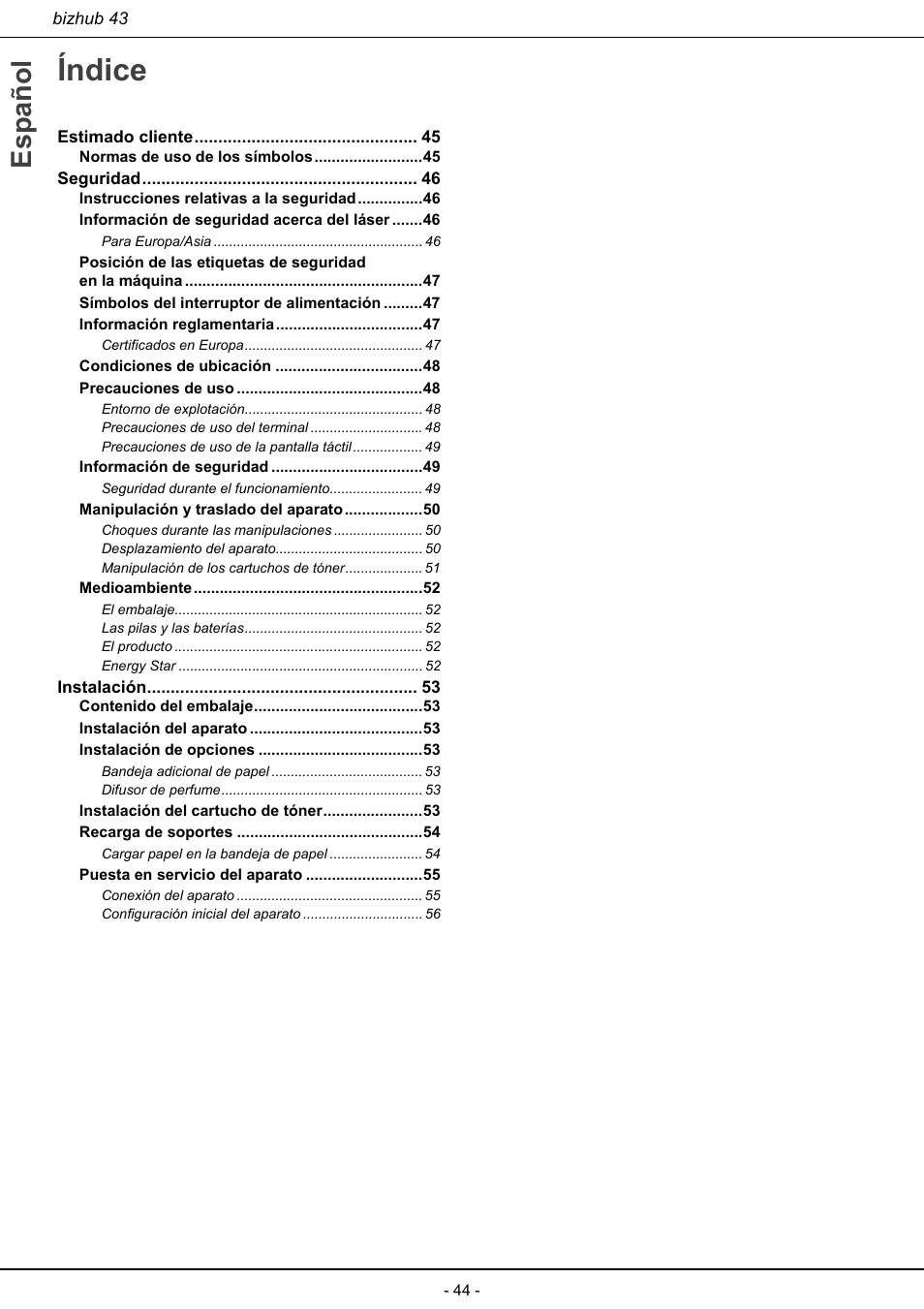 Índice, Español | Konica Minolta bizhub 43 User Manual | Page 46 / 258