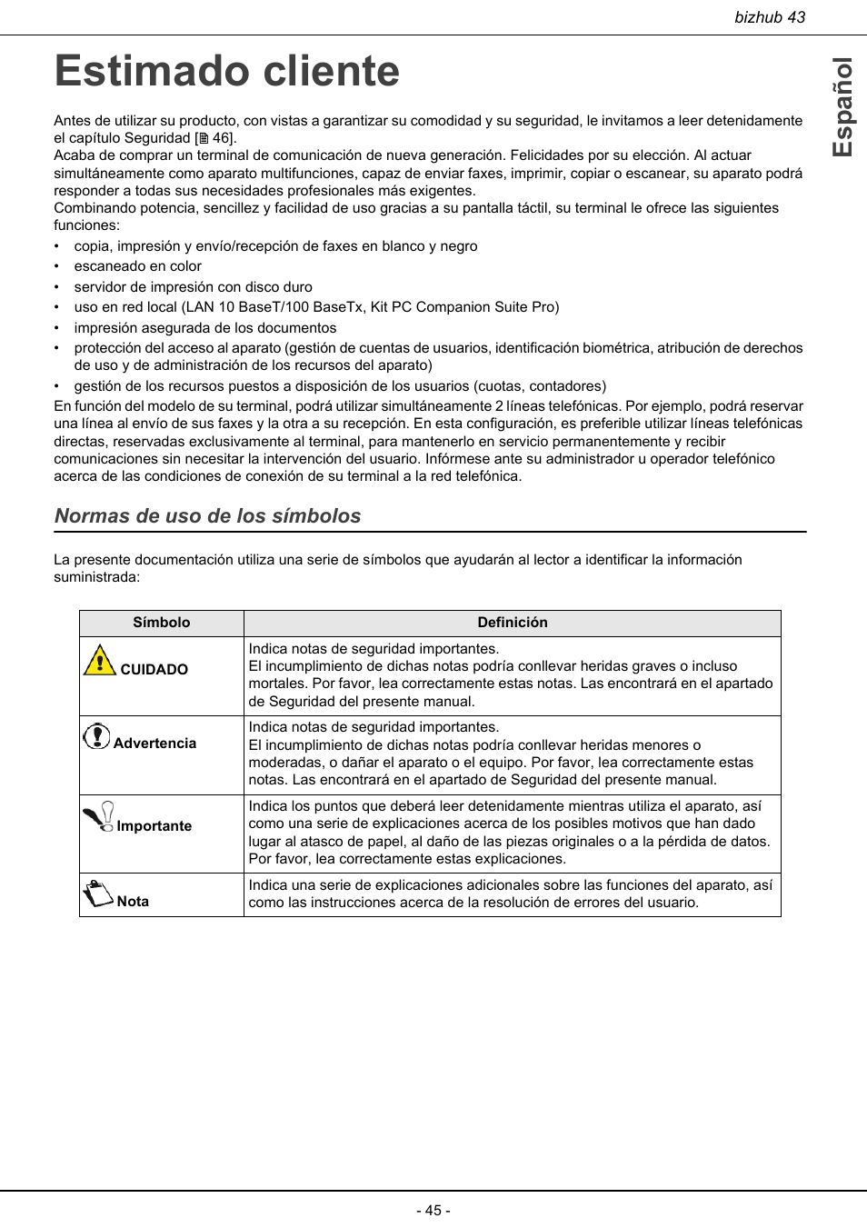 Estimado cliente, Normas de uso de los símbolos, Español | Konica Minolta bizhub 43 User Manual | Page 47 / 258