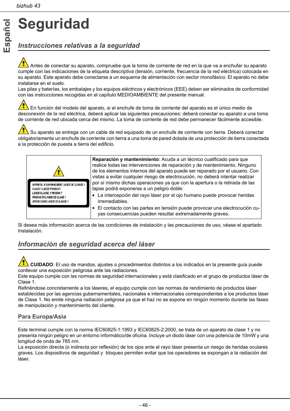 Seguridad, Para europa/asia, Español | Instrucciones relativas a la seguridad, Información de seguridad acerca del láser | Konica Minolta bizhub 43 User Manual | Page 48 / 258