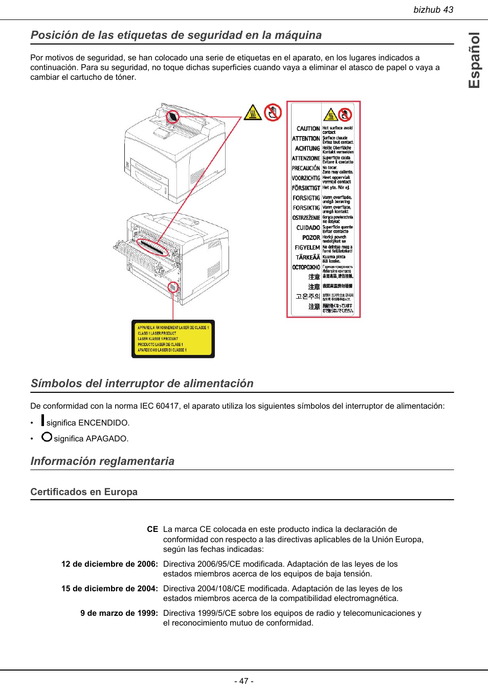 Certificados en europa, Español, Símbolos del interruptor de alimentación | Información reglamentaria | Konica Minolta bizhub 43 User Manual | Page 49 / 258