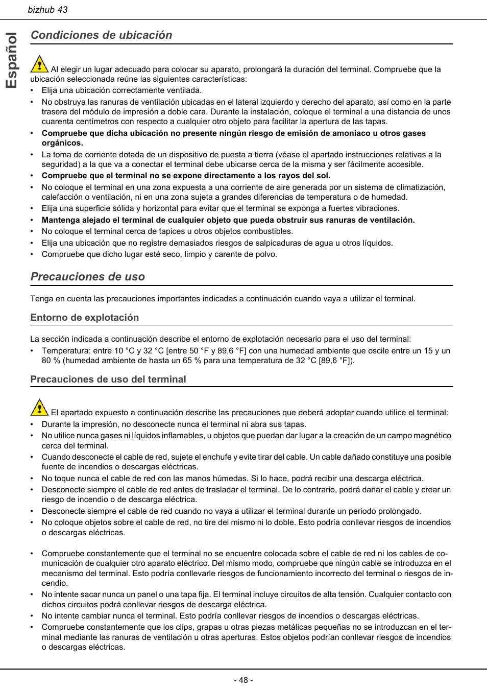 Condiciones de ubicación precauciones de uso, Español, Condiciones de ubicación | Precauciones de uso | Konica Minolta bizhub 43 User Manual | Page 50 / 258