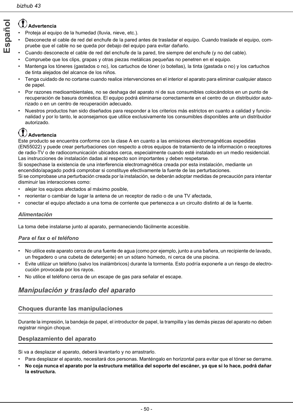 Manipulación y traslado del aparato, Español | Konica Minolta bizhub 43 User Manual | Page 52 / 258