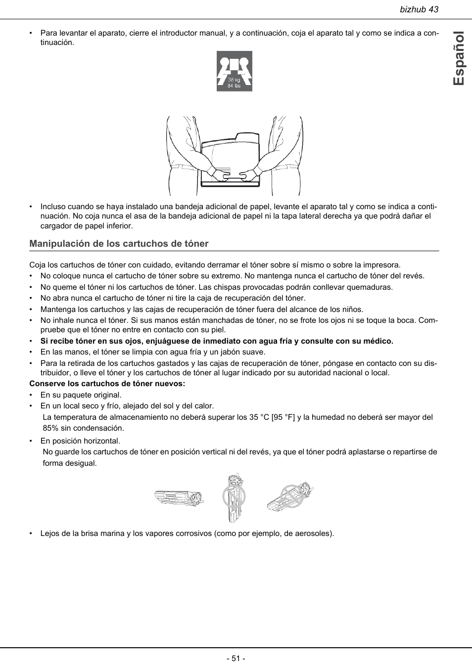 Manipulación de los cartuchos de tóner, Español | Konica Minolta bizhub 43 User Manual | Page 53 / 258