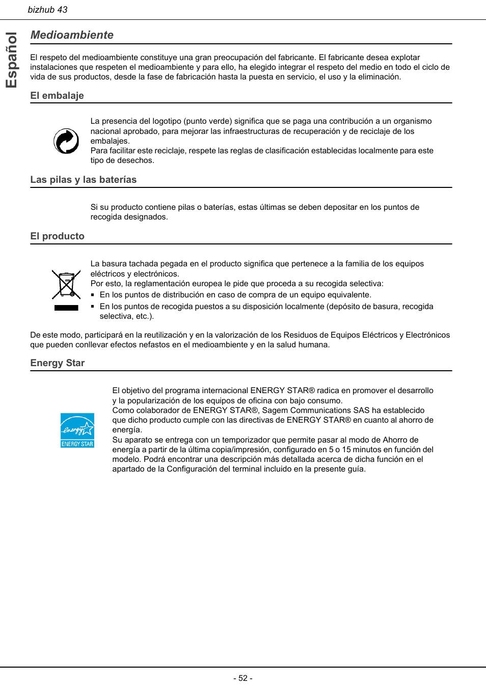 Medioambiente, Español, El embalaje | Las pilas y las baterías, El producto, Energy star | Konica Minolta bizhub 43 User Manual | Page 54 / 258