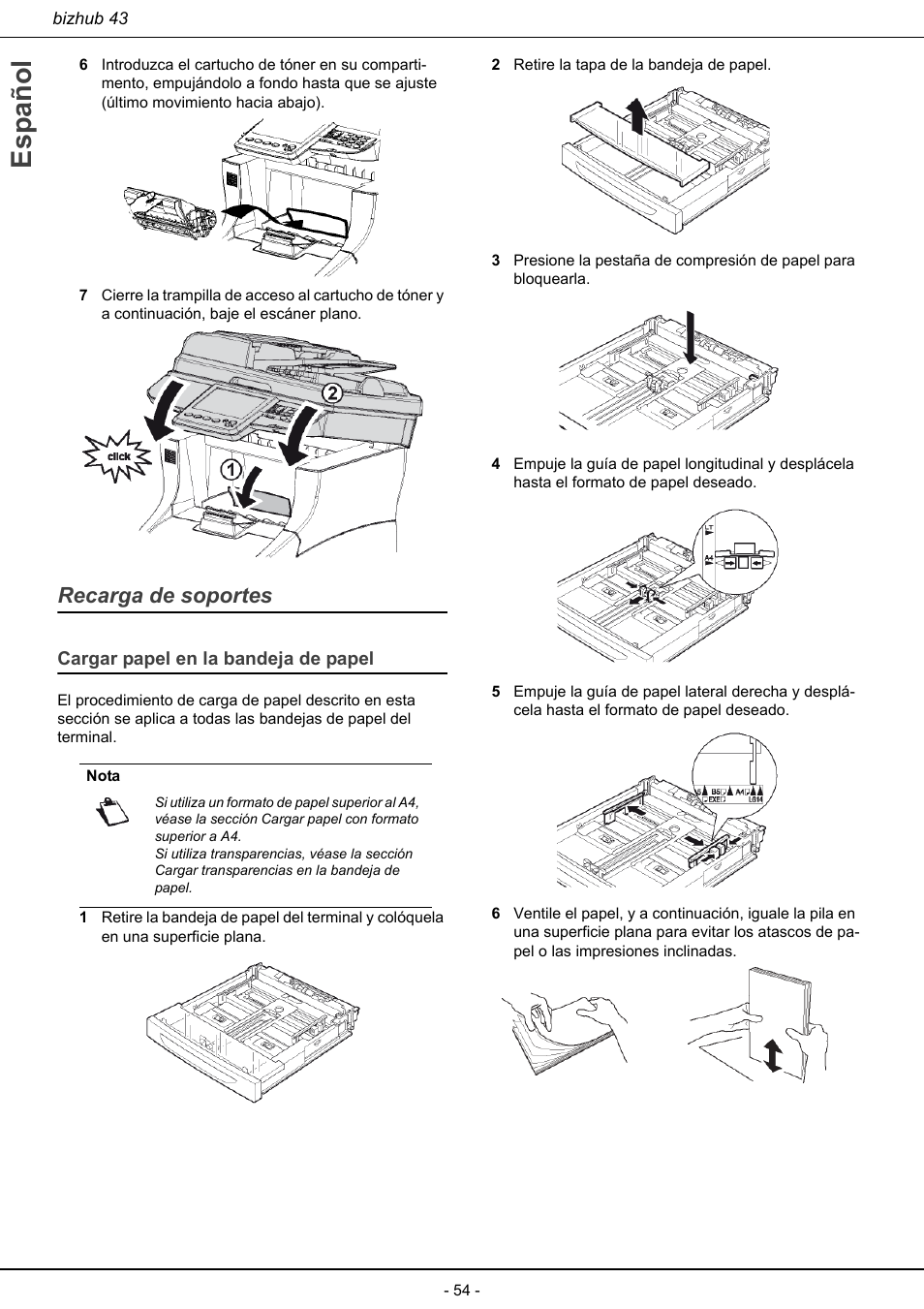 Recarga de soportes, Cargar papel en la bandeja de papel, Español | Konica Minolta bizhub 43 User Manual | Page 56 / 258