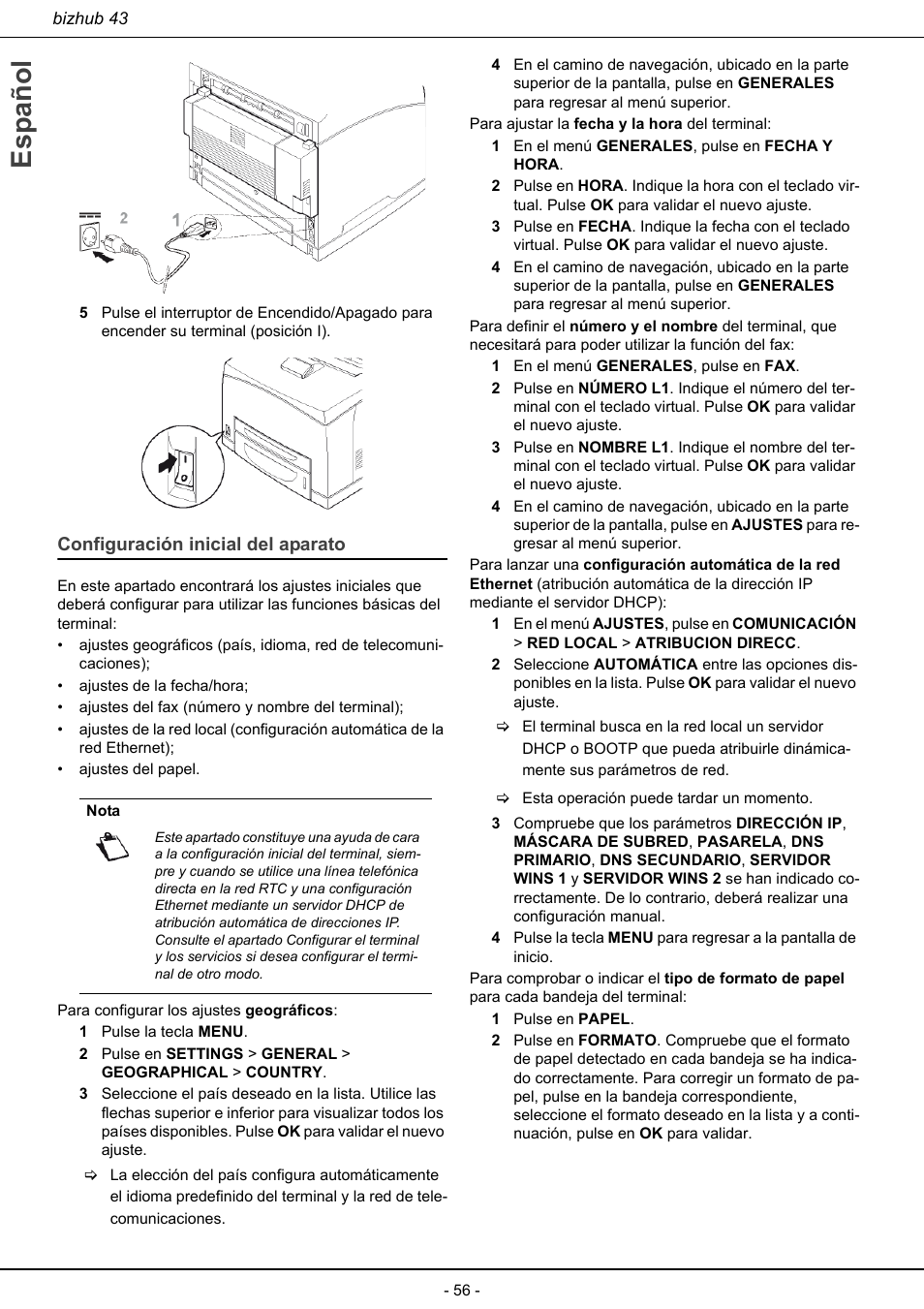 Configuración inicial del aparato, Español | Konica Minolta bizhub 43 User Manual | Page 58 / 258