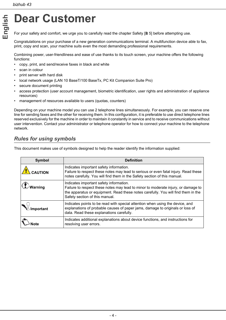 Dear customer, Rules for using symbols, English | Konica Minolta bizhub 43 User Manual | Page 6 / 258
