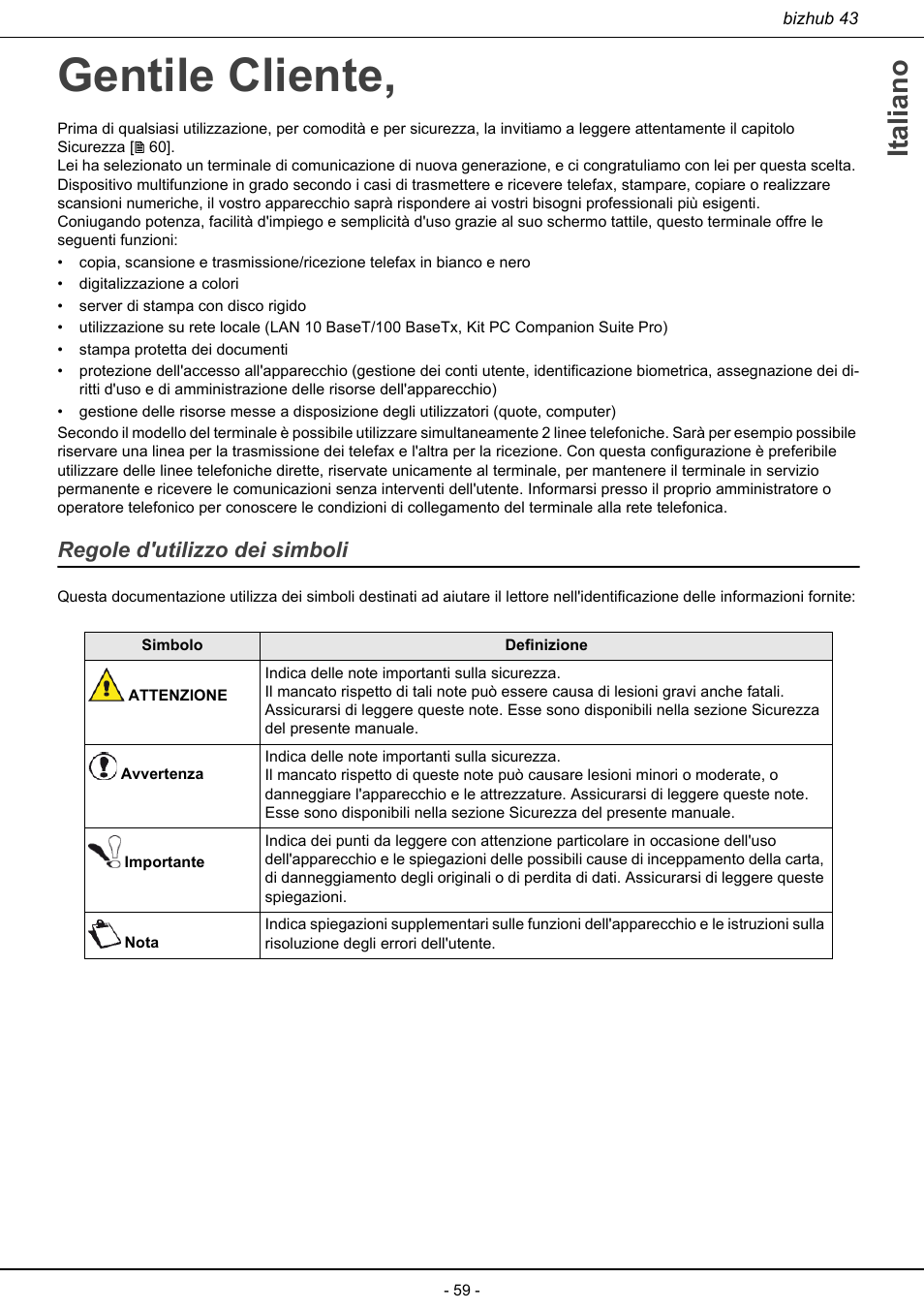 Gentile cliente, Regole d'utilizzo dei simboli, Italiano | Konica Minolta bizhub 43 User Manual | Page 61 / 258