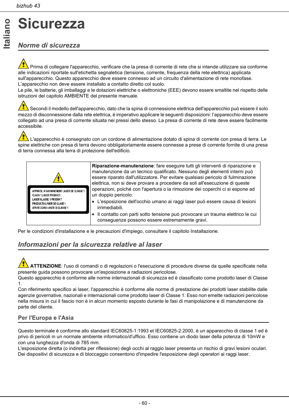 Sicurezza, Per l'europa e l'asia, Italiano | Norme di sicurezza, Informazioni per la sicurezza relative al laser | Konica Minolta bizhub 43 User Manual | Page 62 / 258