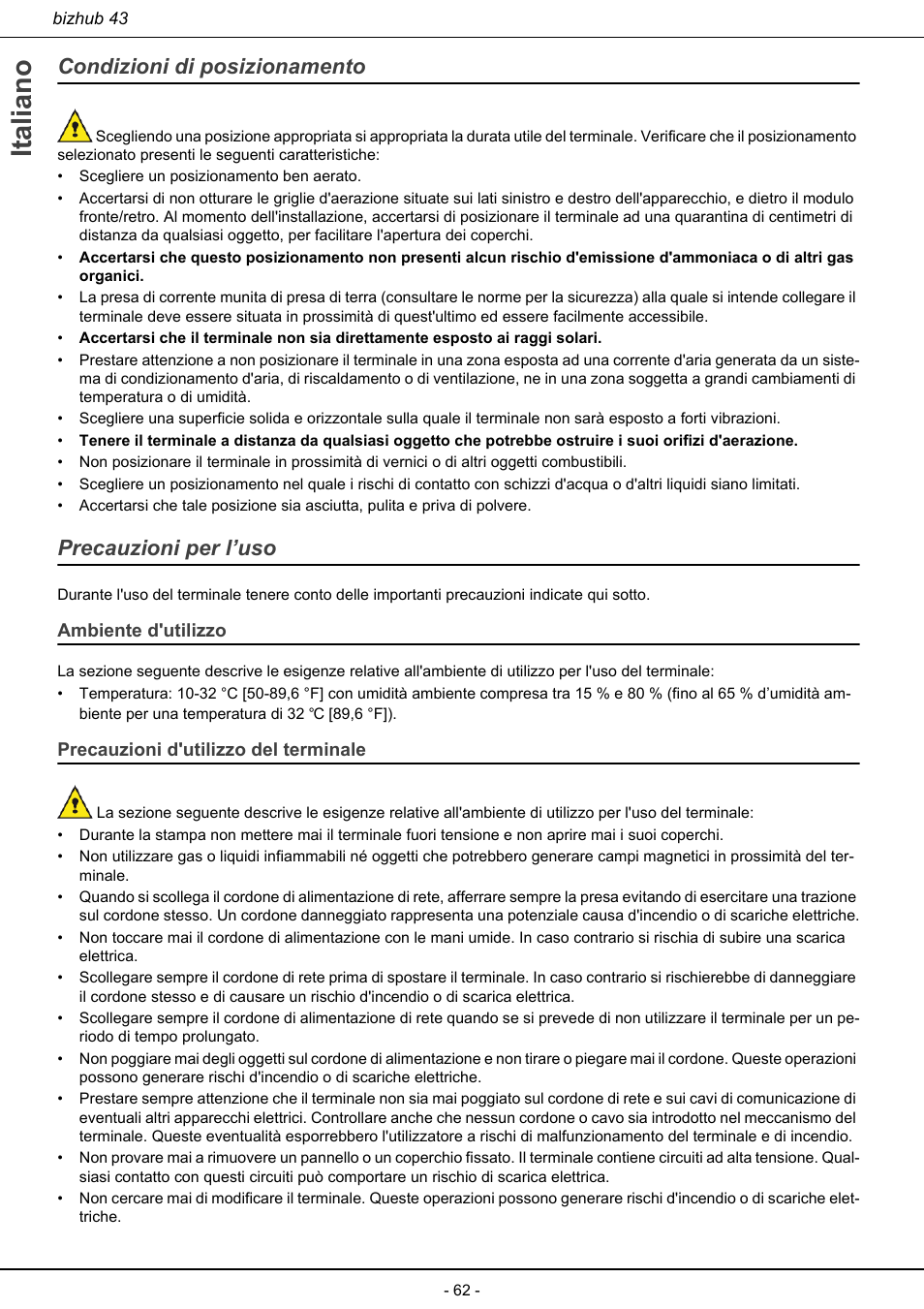 Condizioni di posizionamento precauzioni per l’uso, Italiano, Condizioni di posizionamento | Precauzioni per l’uso | Konica Minolta bizhub 43 User Manual | Page 64 / 258