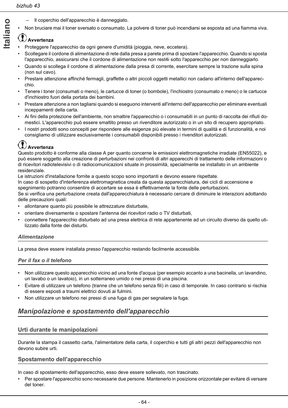 Manipolazione e spostamento dell'apparecchio, Italiano | Konica Minolta bizhub 43 User Manual | Page 66 / 258