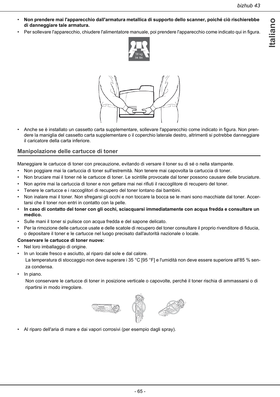 Manipolazione delle cartucce di toner, Italiano | Konica Minolta bizhub 43 User Manual | Page 67 / 258