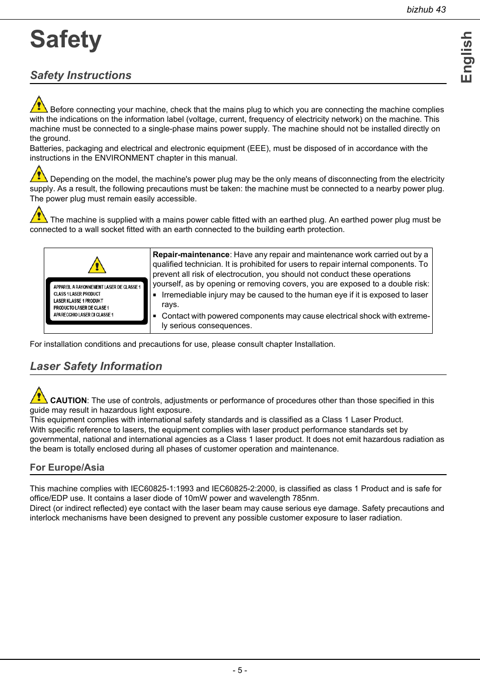 Safety, Safety instructions laser safety information, For europe/asia | English, Safety instructions, Laser safety information | Konica Minolta bizhub 43 User Manual | Page 7 / 258