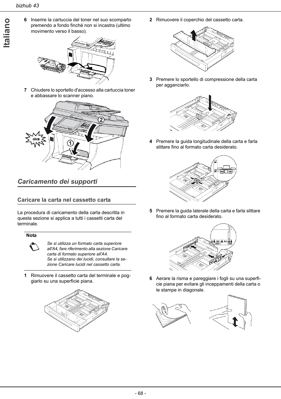 Caricamento dei supporti, Caricare la carta nel cassetto carta, Italiano | Konica Minolta bizhub 43 User Manual | Page 70 / 258