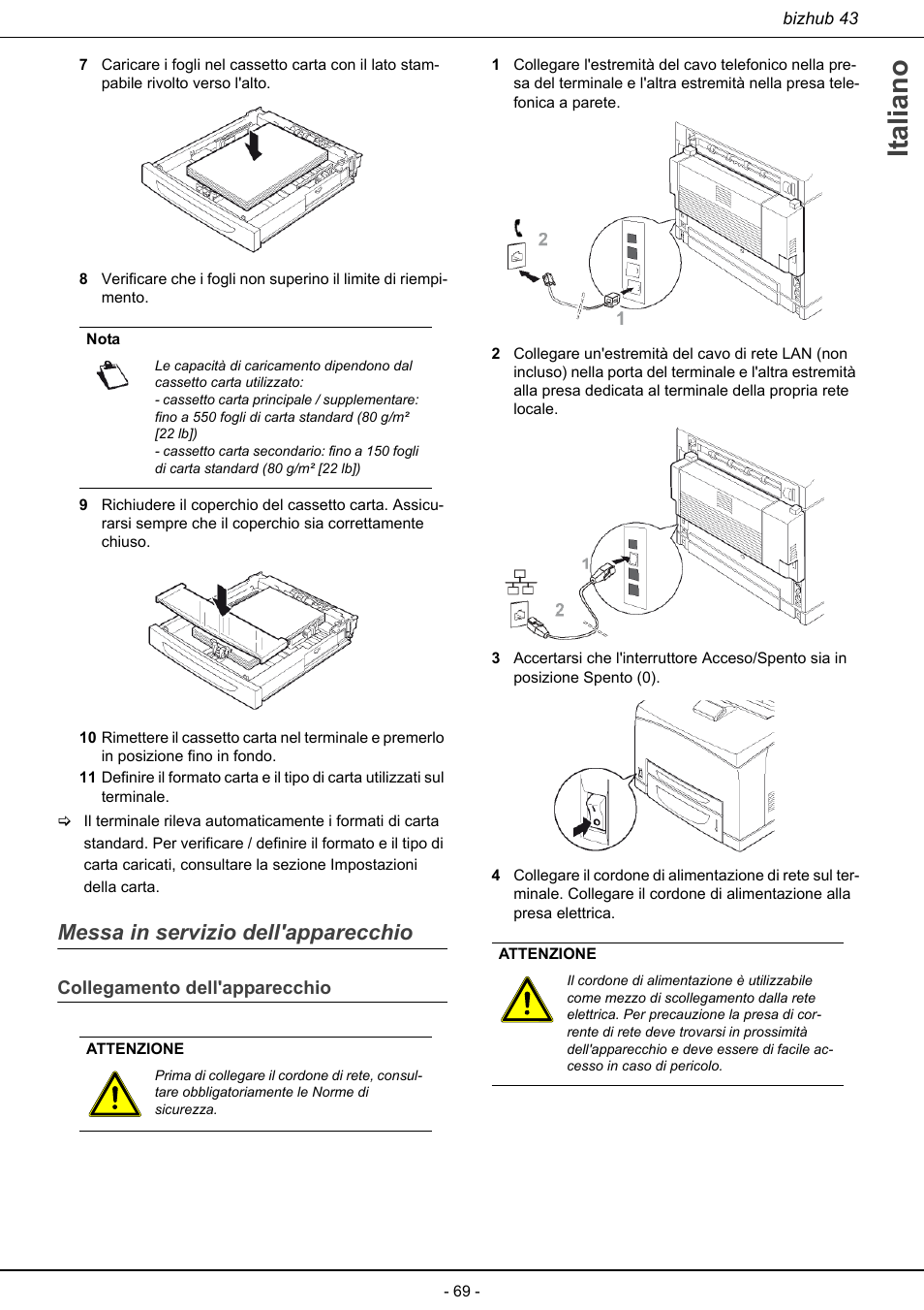 Messa in servizio dell'apparecchio, Collegamento dell'apparecchio, Italiano | Konica Minolta bizhub 43 User Manual | Page 71 / 258