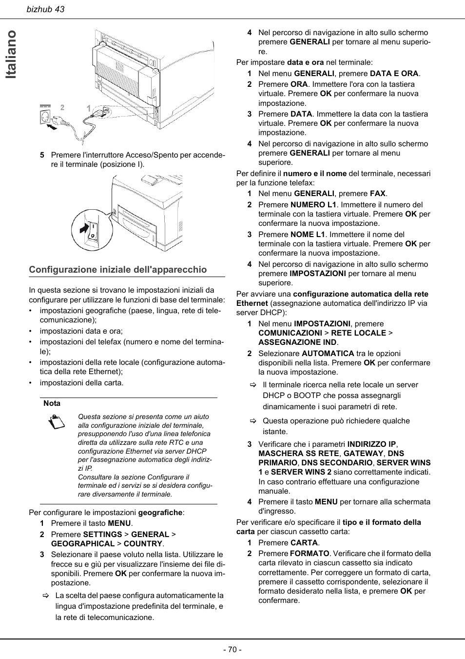 Configurazione iniziale dell'apparecchio, Italiano | Konica Minolta bizhub 43 User Manual | Page 72 / 258