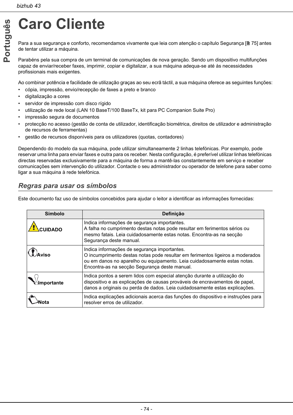 Caro cliente, Regras para usar os símbolos, Português | Konica Minolta bizhub 43 User Manual | Page 76 / 258