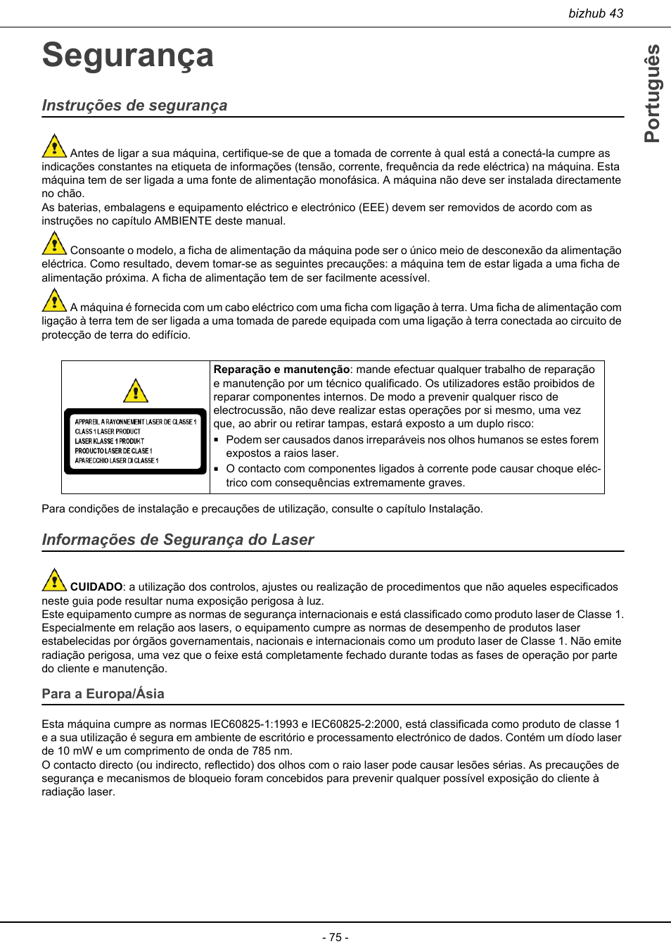 Segurança, Para a europa/ásia, Português | Instruções de segurança, Informações de segurança do laser | Konica Minolta bizhub 43 User Manual | Page 77 / 258