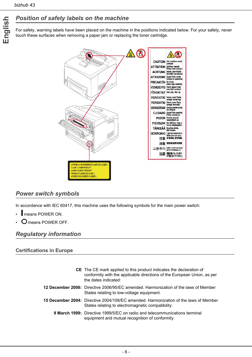 Certifications in europe, English, Position of safety labels on the machine | Power switch symbols, Regulatory information | Konica Minolta bizhub 43 User Manual | Page 8 / 258