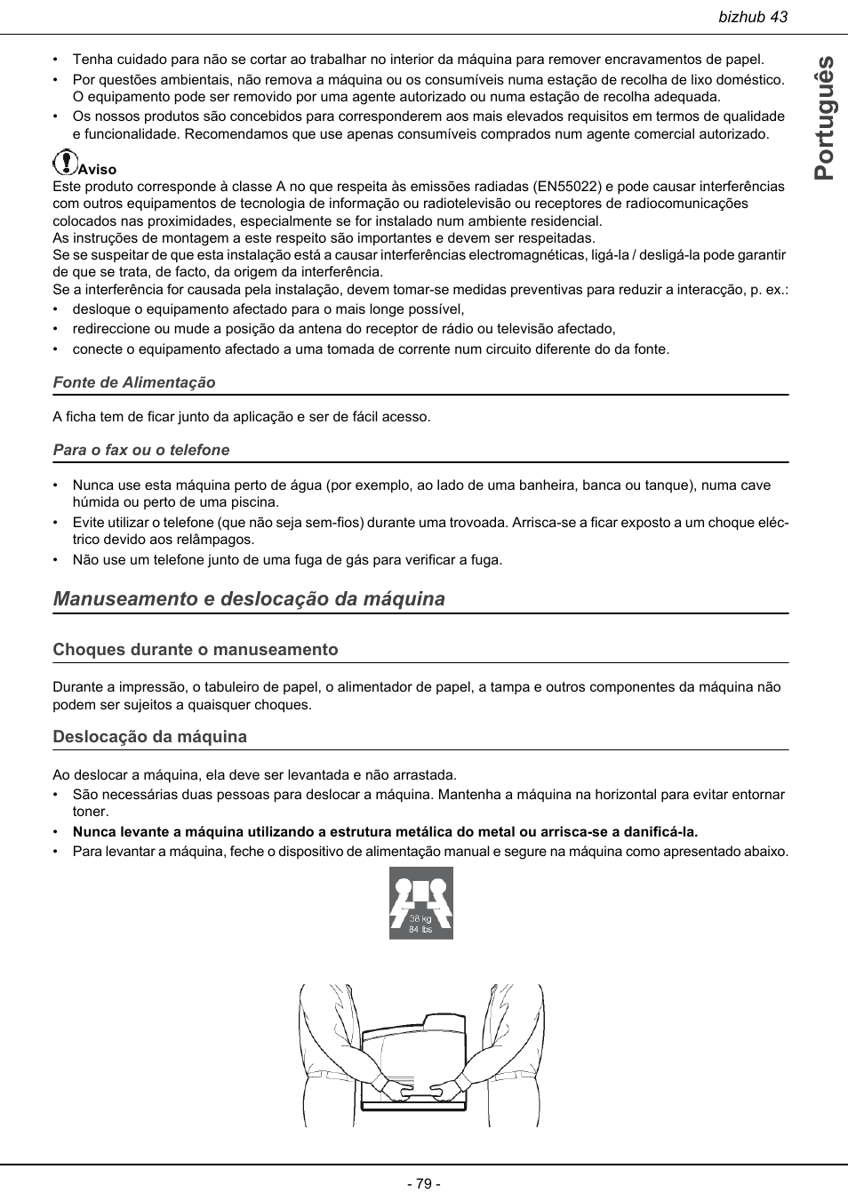 Manuseamento e deslocação da máquina, Português | Konica Minolta bizhub 43 User Manual | Page 81 / 258