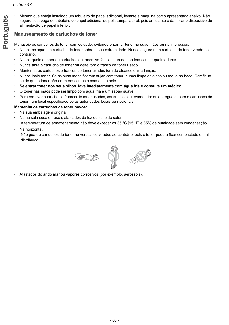 Manuseamento de cartuchos de toner, Português | Konica Minolta bizhub 43 User Manual | Page 82 / 258