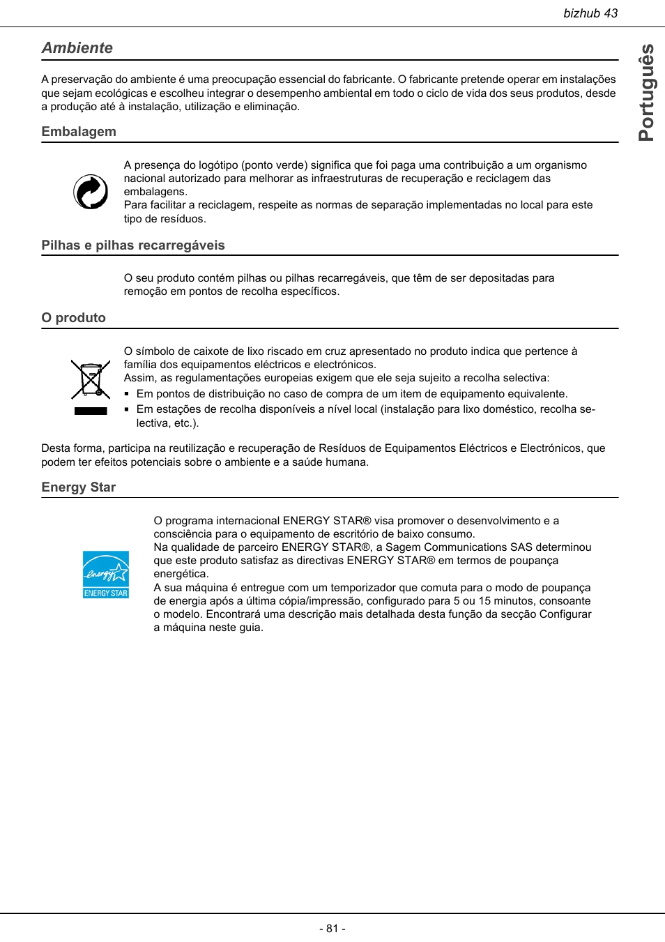 Ambiente, Português, Embalagem | Pilhas e pilhas recarregáveis, O produto, Energy star | Konica Minolta bizhub 43 User Manual | Page 83 / 258