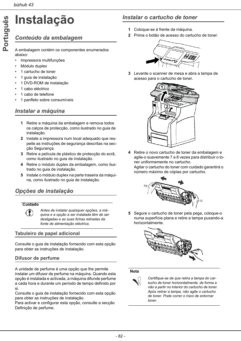 Instalação, Tabuleiro de papel adicional difusor de perfume, Instalar o cartucho de toner | Português, Conteúdo da embalagem, Instalar a máquina, Opções de instalação | Konica Minolta bizhub 43 User Manual | Page 84 / 258