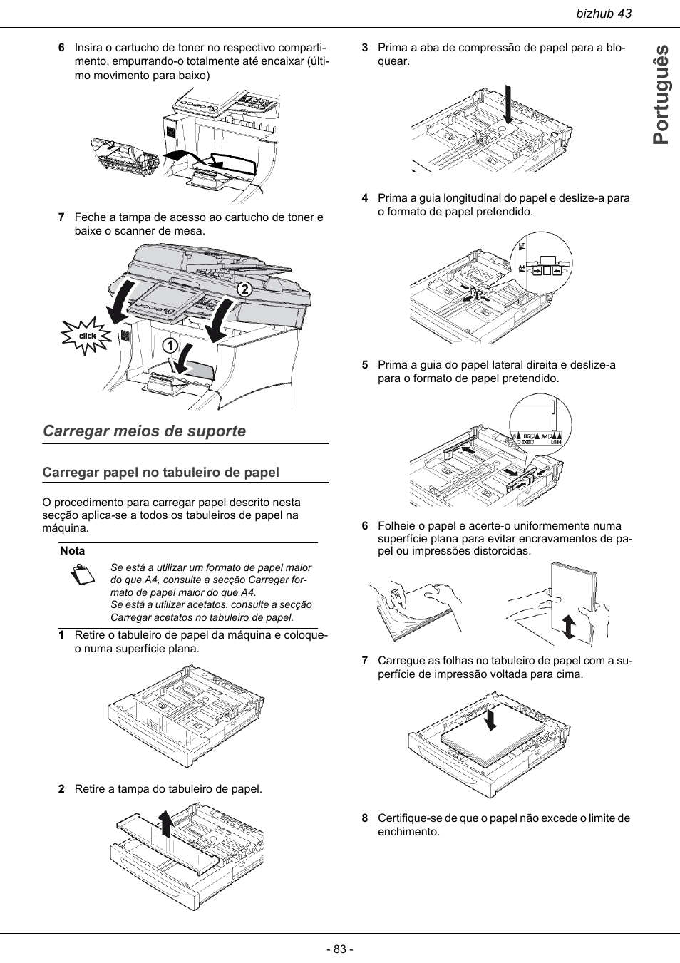 Carregar meios de suporte, Carregar papel no tabuleiro de papel, Português | Konica Minolta bizhub 43 User Manual | Page 85 / 258