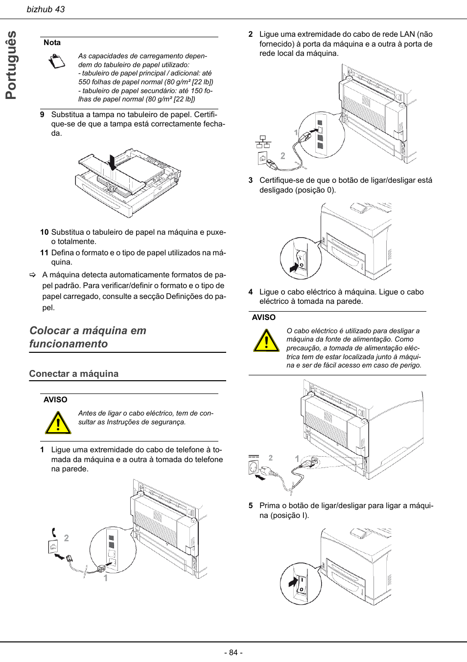 Colocar a máquina em funcionamento, Conectar a máquina, Português | Konica Minolta bizhub 43 User Manual | Page 86 / 258