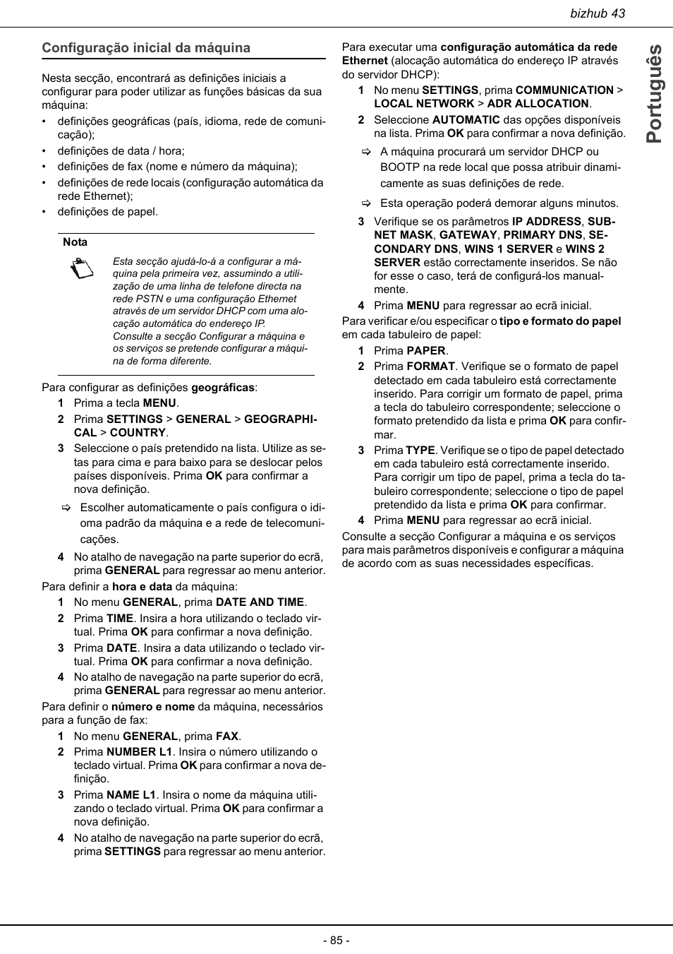 Configuração inicial da máquina, Português | Konica Minolta bizhub 43 User Manual | Page 87 / 258