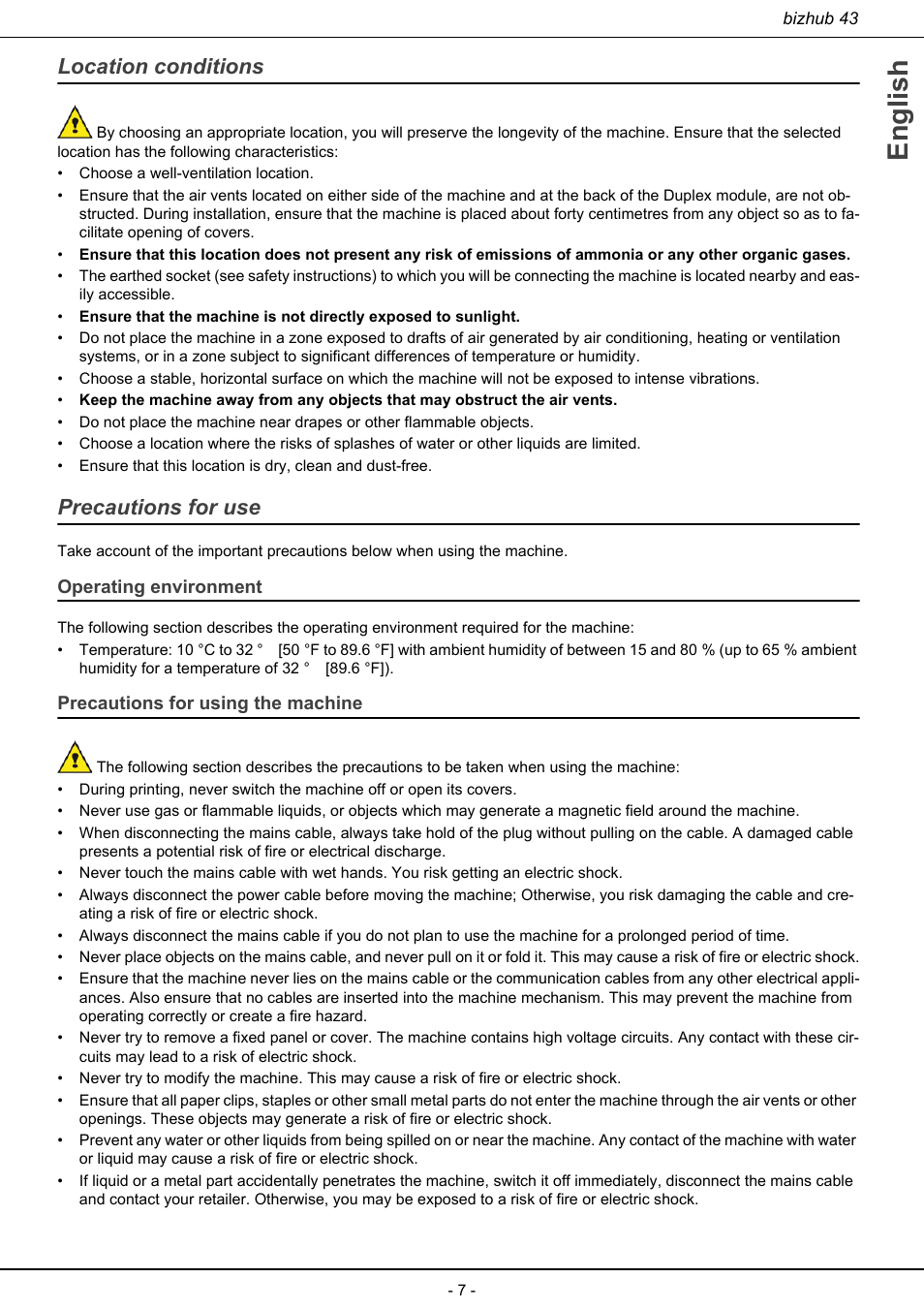 Location conditions precautions for use, English, Location conditions | Precautions for use | Konica Minolta bizhub 43 User Manual | Page 9 / 258