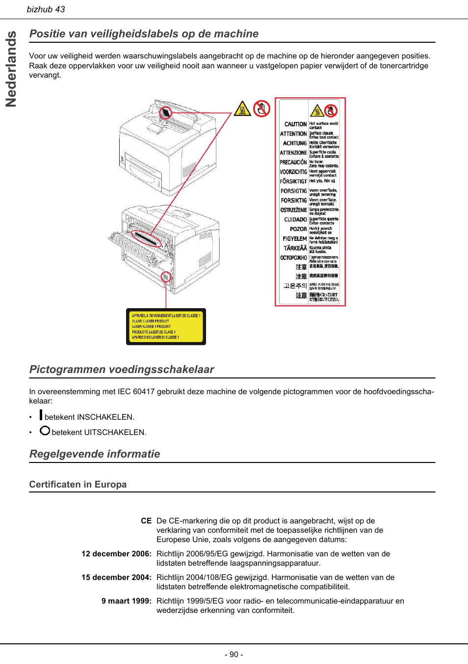 Certificaten in europa, Nederlands, Positie van veiligheidslabels op de machine | Pictogrammen voedingsschakelaar, Regelgevende informatie | Konica Minolta bizhub 43 User Manual | Page 92 / 258