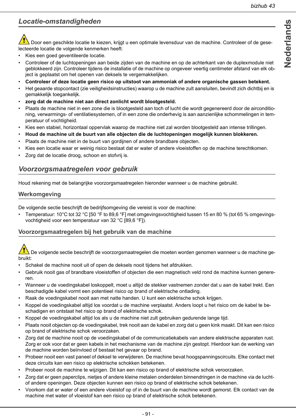 Nederlands, Locatie-omstandigheden, Voorzorgsmaatregelen voor gebruik | Konica Minolta bizhub 43 User Manual | Page 93 / 258