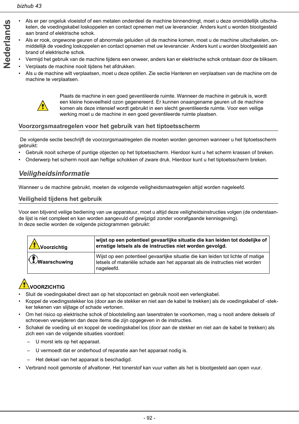 Veiligheidsinformatie, Veiligheid tijdens het gebruik, Nederlands | Konica Minolta bizhub 43 User Manual | Page 94 / 258