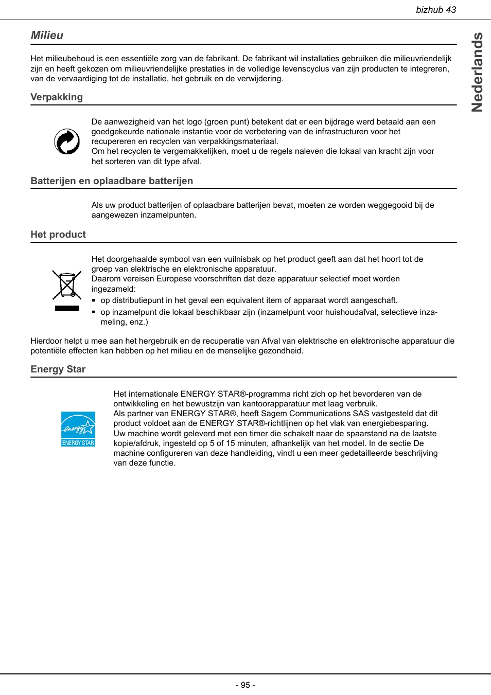 Milieu, Nederlands, Verpakking | Batterijen en oplaadbare batterijen, Het product, Energy star | Konica Minolta bizhub 43 User Manual | Page 97 / 258