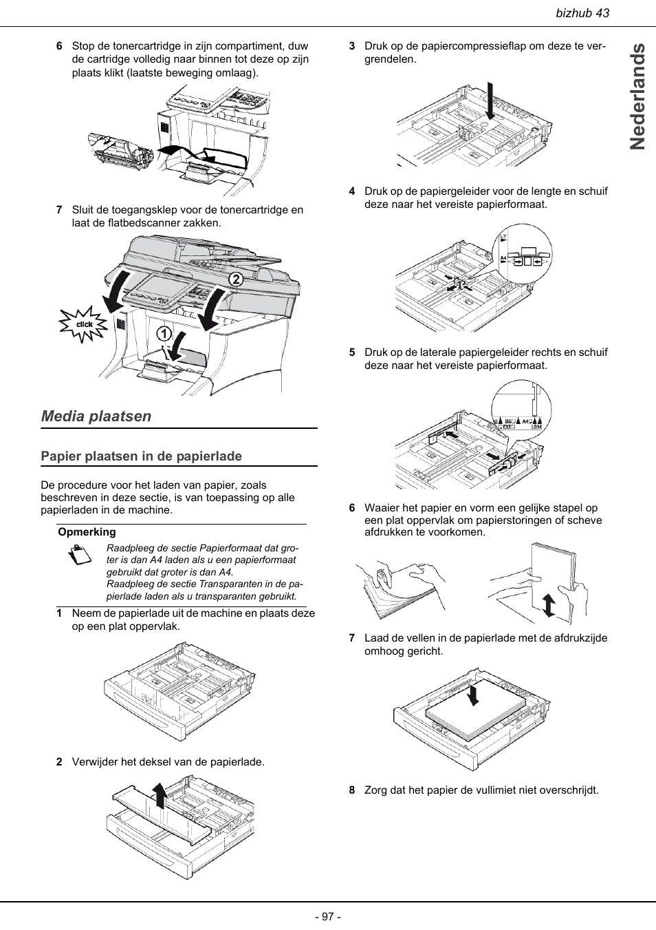 Media plaatsen, Papier plaatsen in de papierlade, Nederlands | Konica Minolta bizhub 43 User Manual | Page 99 / 258