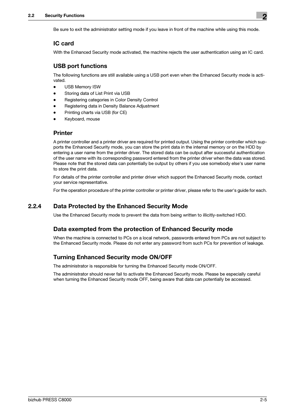 Ic card, Usb port functions, Printer | 4 data protected by the enhanced security mode, Turning enhanced security mode on/off, Data protected by the enhanced security mode -5 | Konica Minolta bizhub PRESS C8000e User Manual | Page 12 / 48
