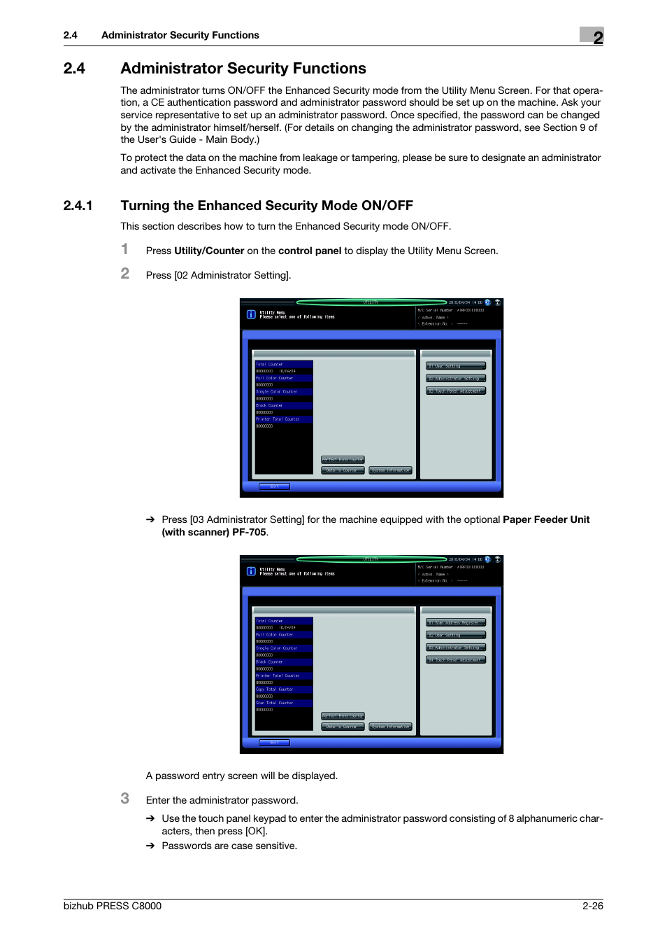 4 administrator security functions, 1 turning the enhanced security mode on/off, Administrator security functions -26 | Turning the enhanced security mode on/off -26 | Konica Minolta bizhub PRESS C8000e User Manual | Page 33 / 48