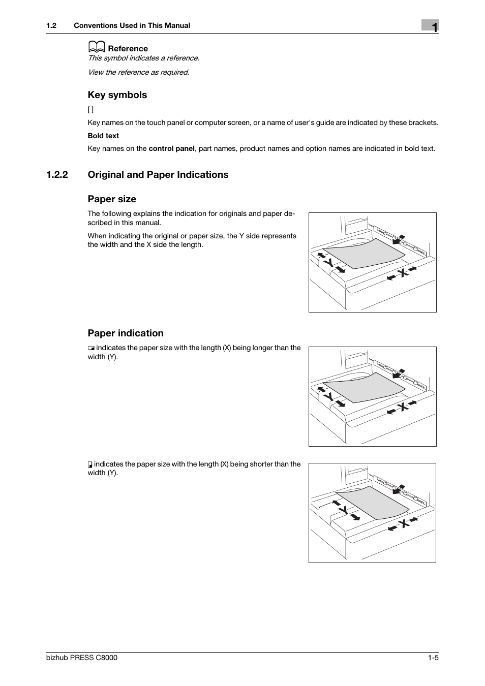 Key symbols, 2 original and paper indications, Paper size | Paper indication, Original and paper indications -5 | Konica Minolta bizhub PRESS C8000e User Manual | Page 7 / 48