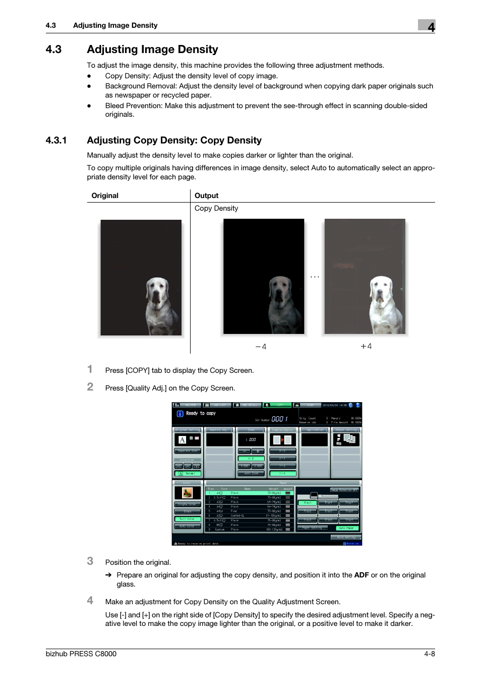 3 adjusting image density, 1 adjusting copy density: copy density, Adjusting image density -8 | Adjusting copy density: copy density -8 | Konica Minolta bizhub PRESS C8000e User Manual | Page 103 / 418