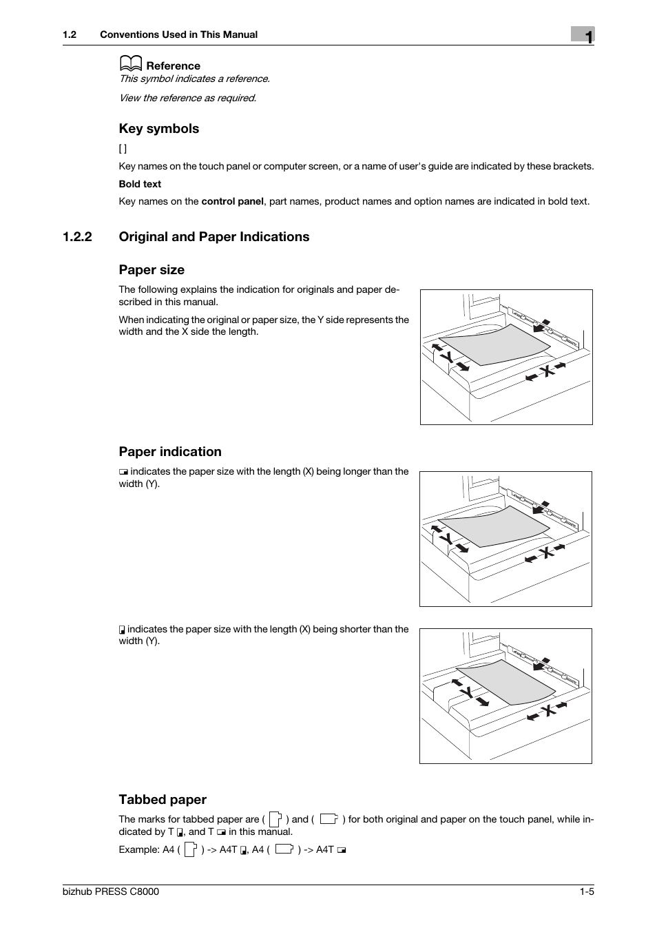 Key symbols, 2 original and paper indications, Paper size | Paper indication, Tabbed paper, Original and paper indications -5 | Konica Minolta bizhub PRESS C8000e User Manual | Page 11 / 418