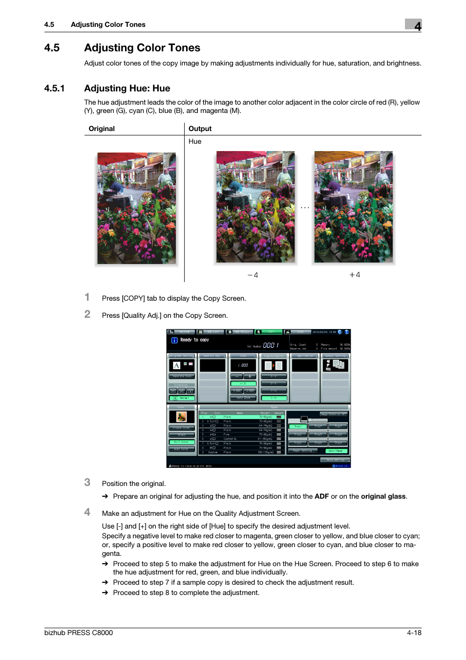 5 adjusting color tones, 1 adjusting hue: hue, Adjusting color tones -18 | Adjusting hue: hue -18 | Konica Minolta bizhub PRESS C8000e User Manual | Page 113 / 418