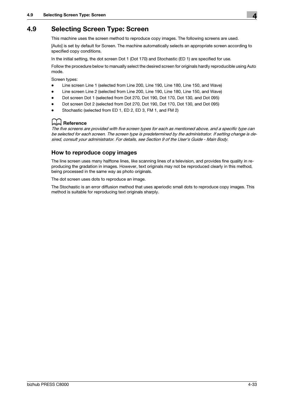 9 selecting screen type: screen, How to reproduce copy images, Selecting screen type: screen -33 | Konica Minolta bizhub PRESS C8000e User Manual | Page 128 / 418