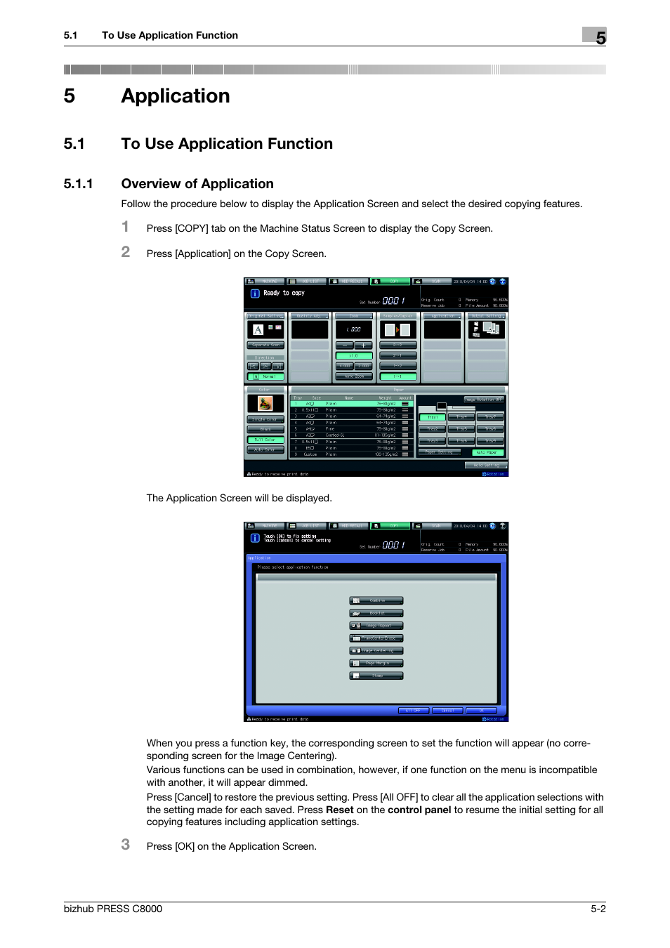 5 application, 1 to use application function, 1 overview of application | Application, To use application function -2, Overview of application -2, 5application | Konica Minolta bizhub PRESS C8000e User Manual | Page 136 / 418