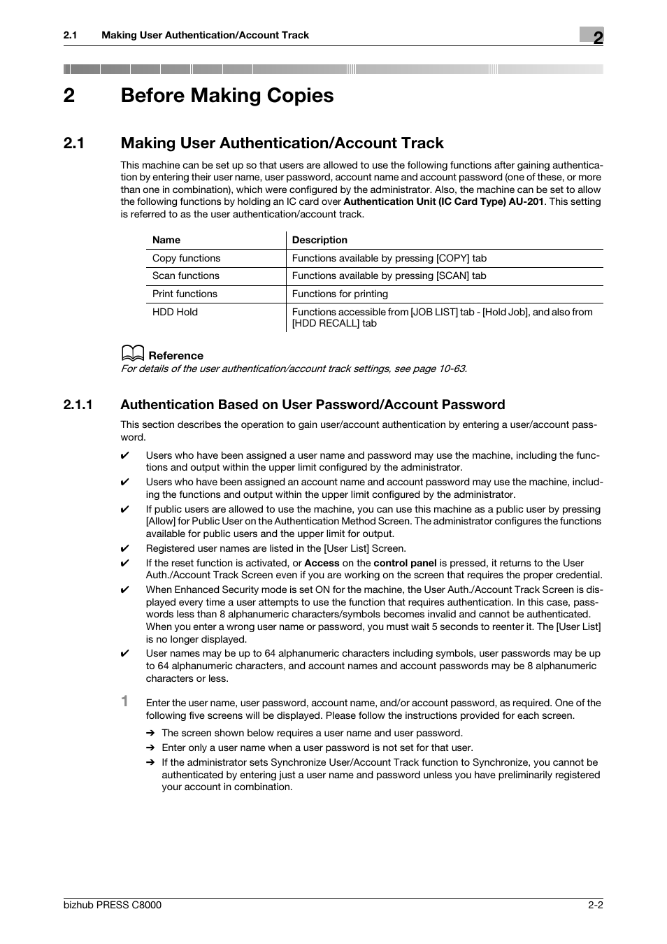 2 before making copies, 1 making user authentication/account track, Before making copies | Making user authentication/account track -2, 2before making copies | Konica Minolta bizhub PRESS C8000e User Manual | Page 14 / 418