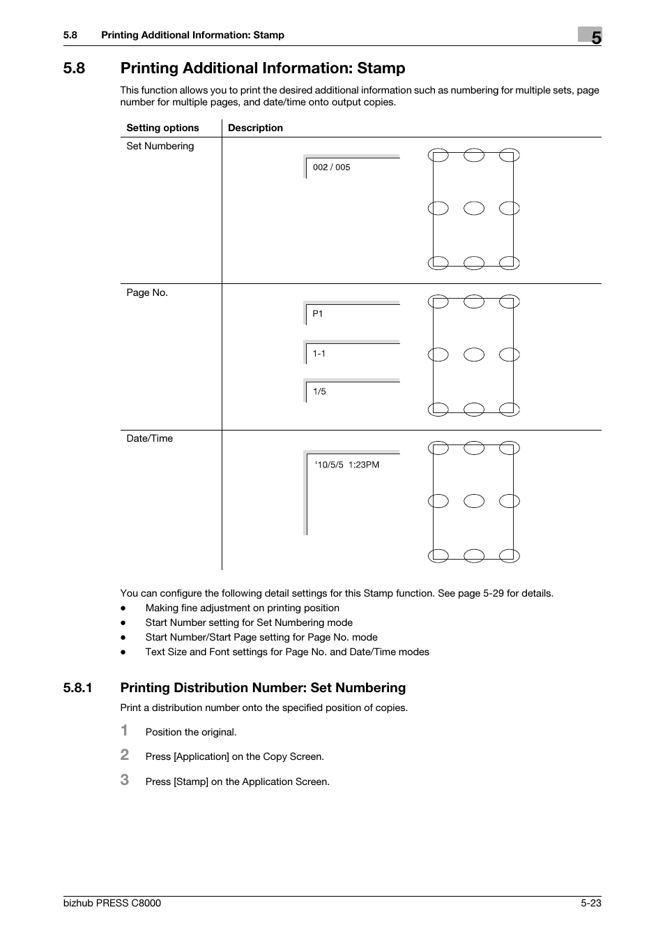 8 printing additional information: stamp, 1 printing distribution number: set numbering, Printing additional information: stamp -23 | Printing distribution number: set numbering -23 | Konica Minolta bizhub PRESS C8000e User Manual | Page 157 / 418