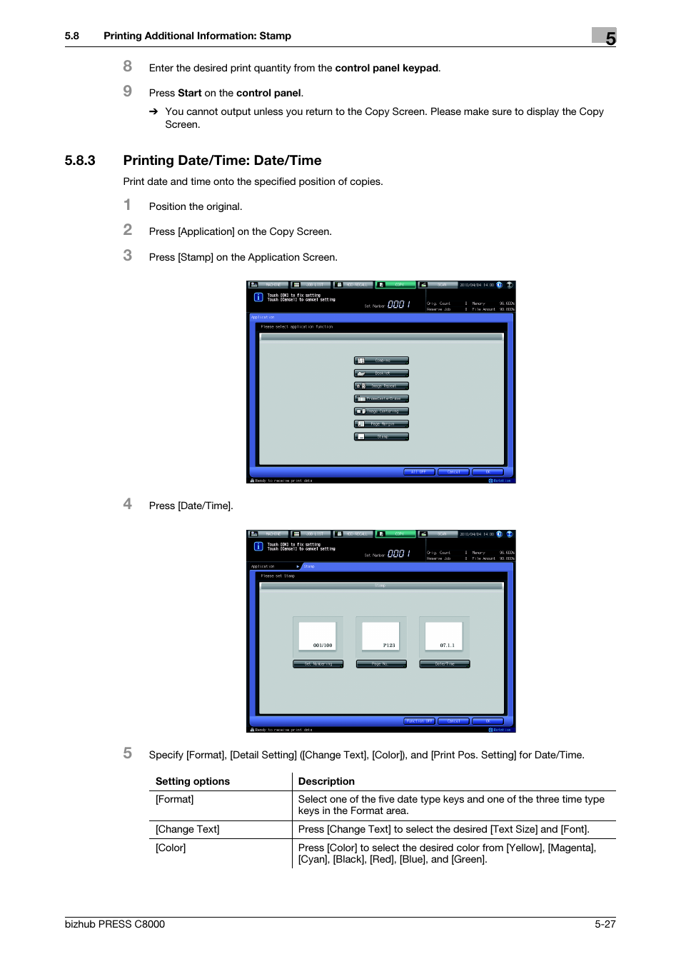 3 printing date/time: date/time, Printing date/time: date/time -27 | Konica Minolta bizhub PRESS C8000e User Manual | Page 161 / 418