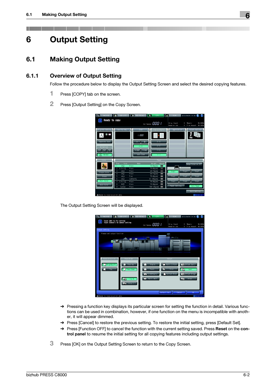 6 output setting, 1 making output setting, 1 overview of output setting | Output setting, Making output setting -2, Overview of output setting -2, 6output setting | Konica Minolta bizhub PRESS C8000e User Manual | Page 166 / 418