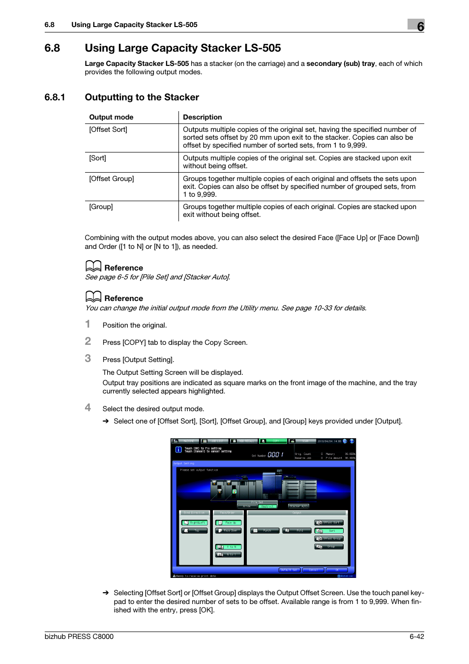 8 using large capacity stacker ls-505, 1 outputting to the stacker, Using large capacity stacker ls-505 -42 | Outputting to the stacker -42 | Konica Minolta bizhub PRESS C8000e User Manual | Page 206 / 418