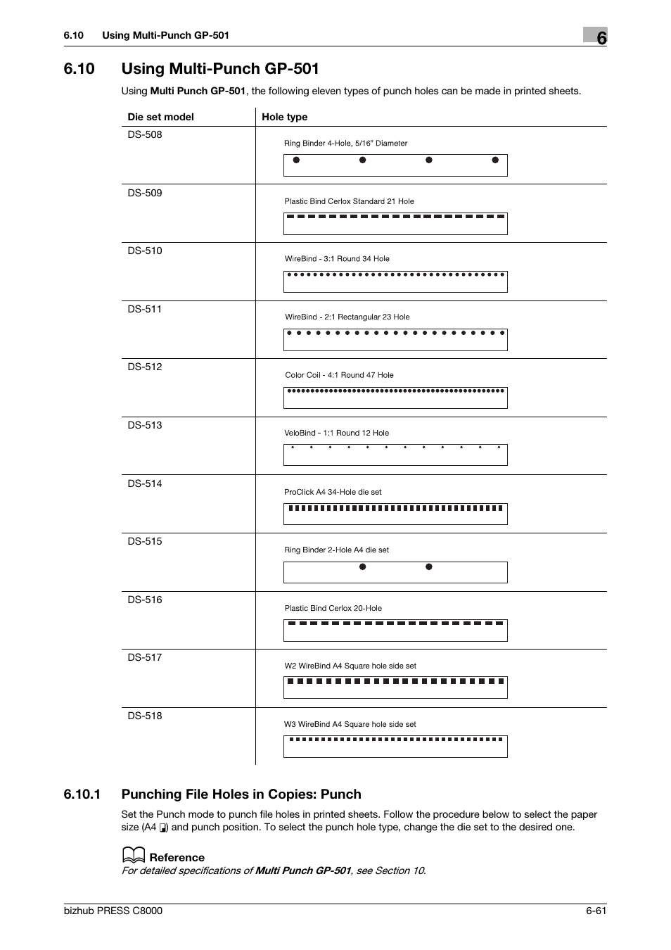 10 using multi-punch gp-501, 1 punching file holes in copies: punch, Using multi-punch gp-501 -60 | Punching file holes in copies: punch -60 | Konica Minolta bizhub PRESS C8000e User Manual | Page 225 / 418